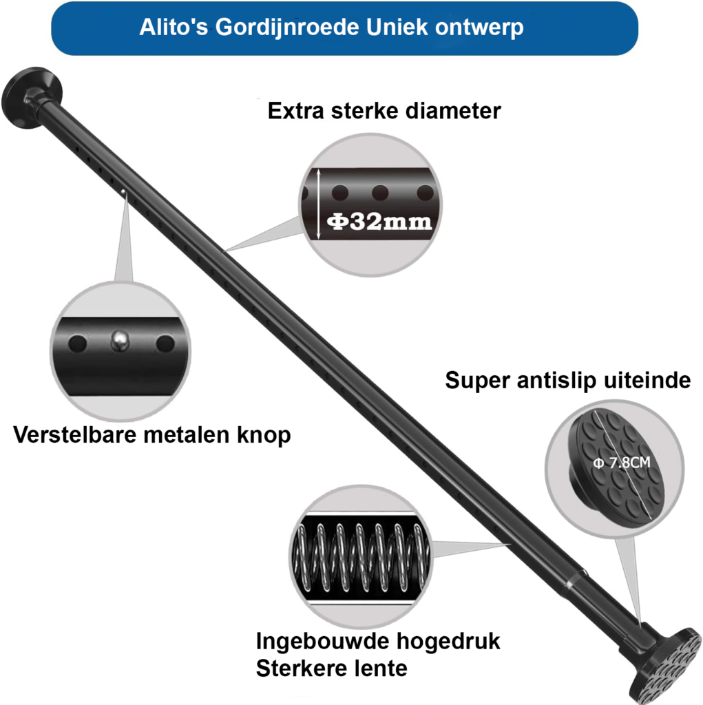 Zwarte telescopische gordijnroede zonder boren 95-140 cm Ø32 mm voor badkamer en slaapkamer als douchegordijnstang