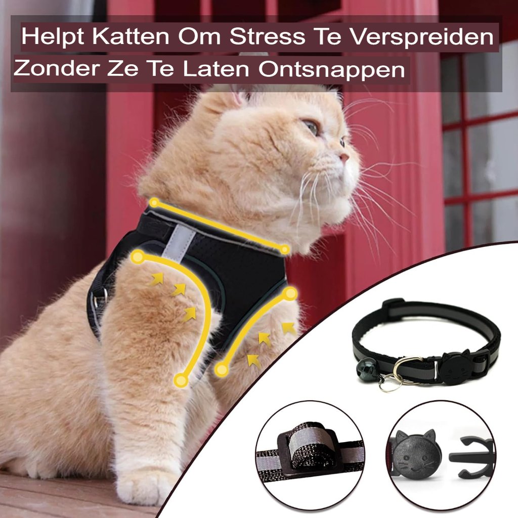 Zwart kattentuigje met looplijn verstelbaar borsttuig voor katten zacht en veilig (maat M)