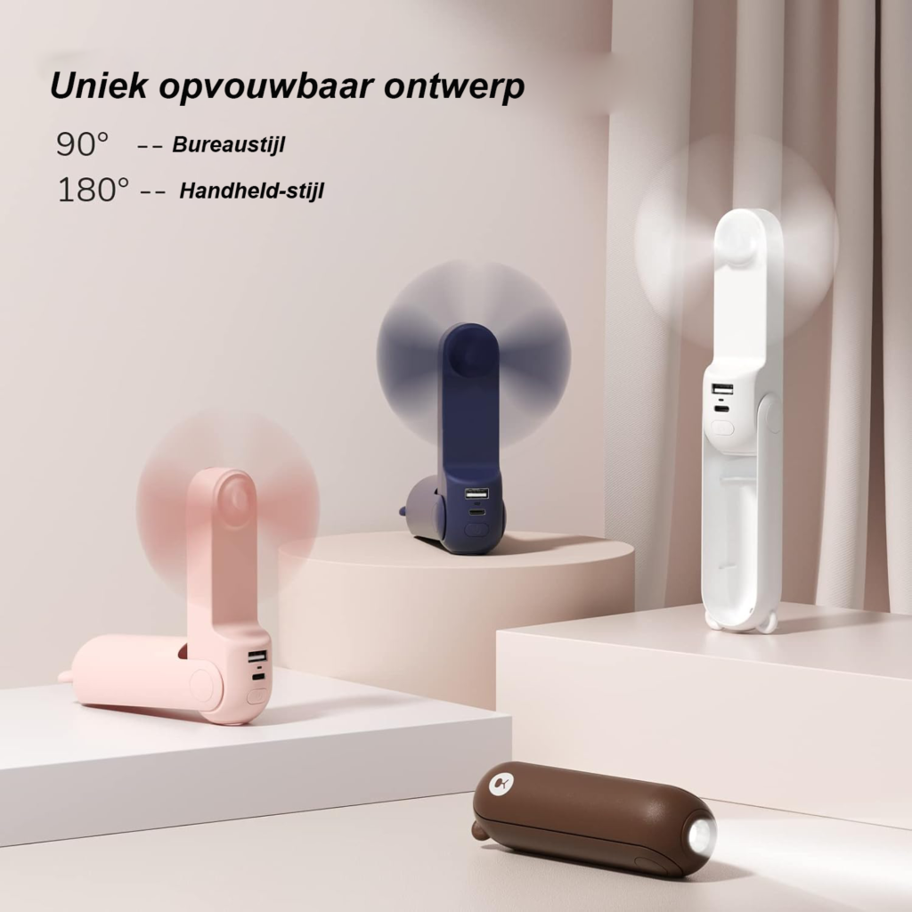 Draagbare mini ventilator 3-in-1 handventilator oplaadbare zakventilator met powerbank en zaklamp functie bruin 14-21 uur werktijd