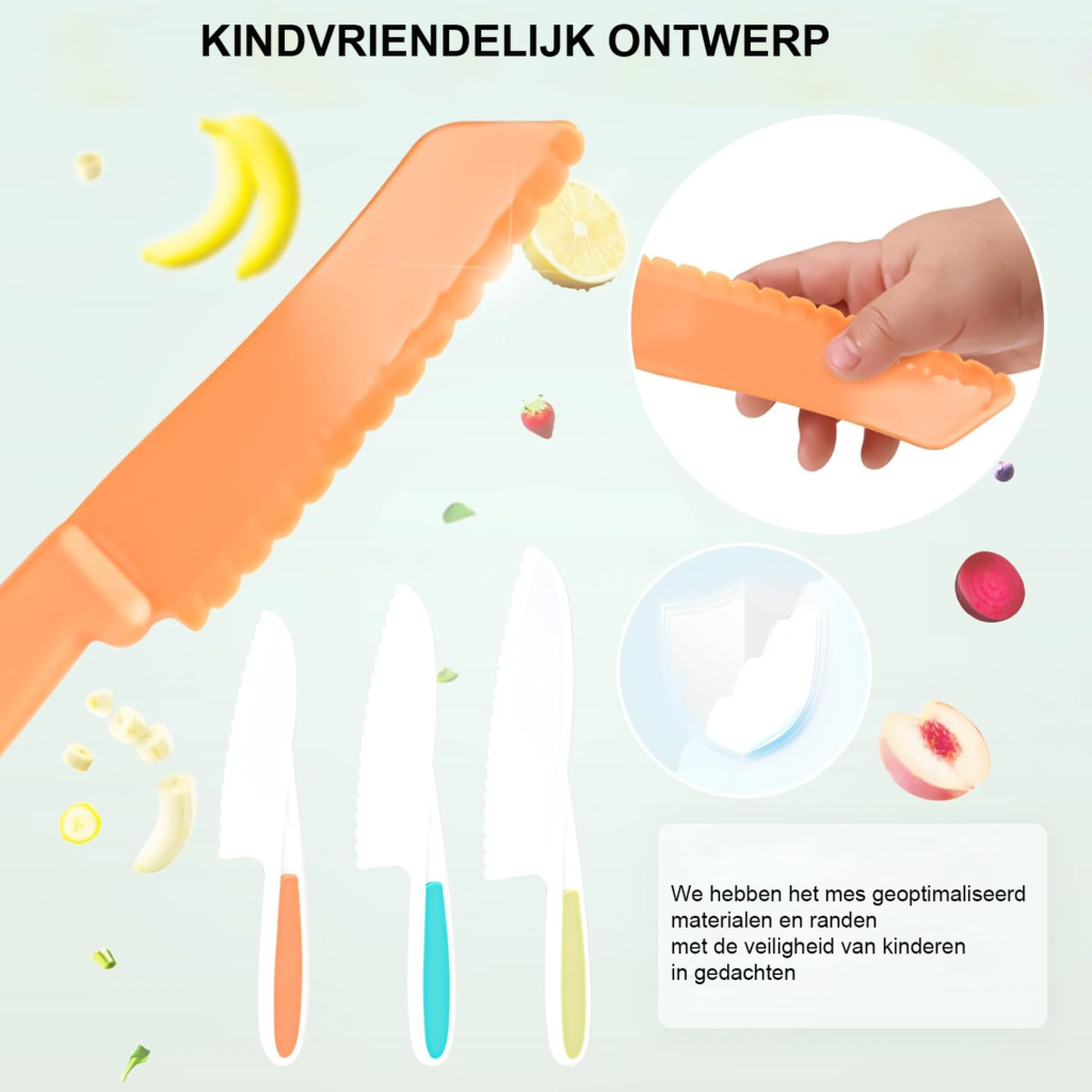 Kindermessenset 4 stuks veilig snijmes vanaf 3 jaar RVS afgerond lemmet kinder keukenmes set voor koken kinderen veilige kinder messen keuken gebruik