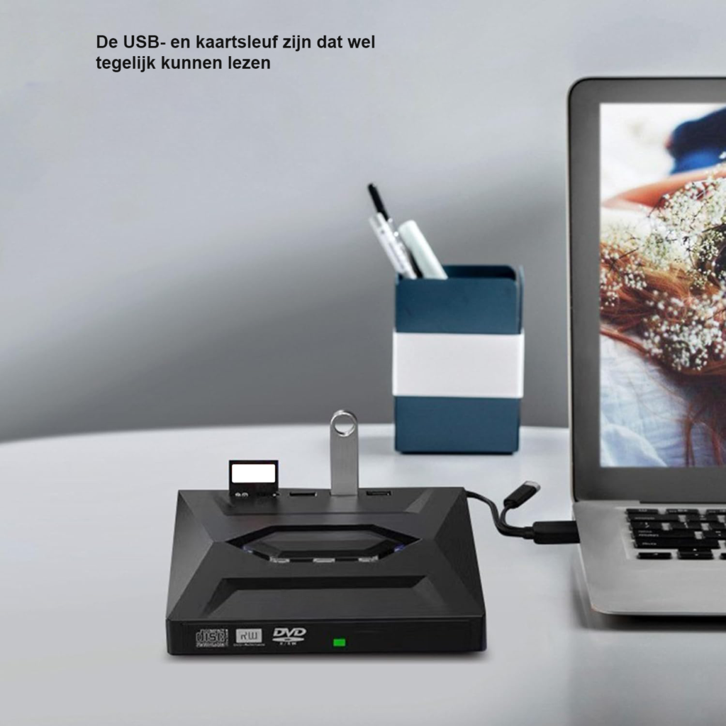 Externe CD DVD Drive USB 3.0 Type-C met DVD Brander, SD TF Kaartlezer en USB Poorten voor Laptop en Desktop