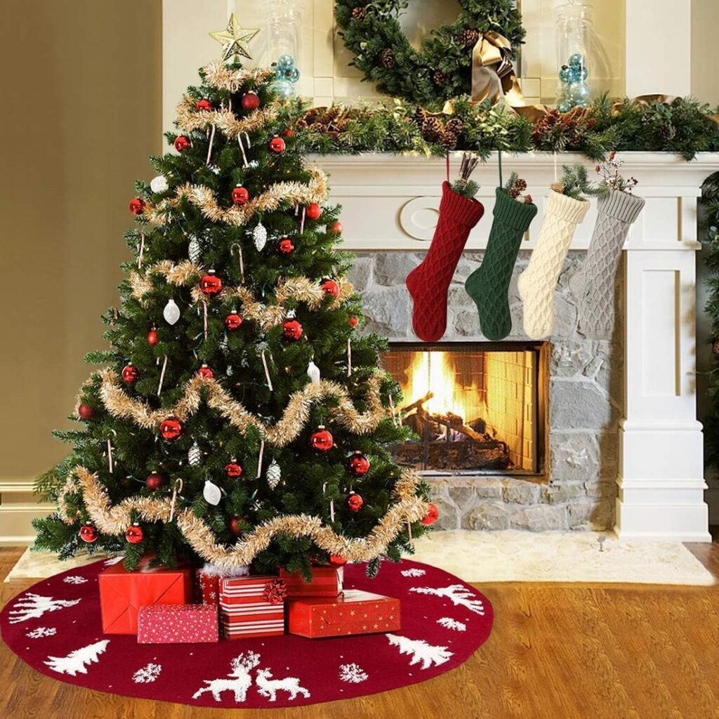 Grote rode gebreide kerstboomrok met 3D elanden en sneeuwvlokken Ø48 inch kerstboomkleed basisbedekking kerstdecoratie