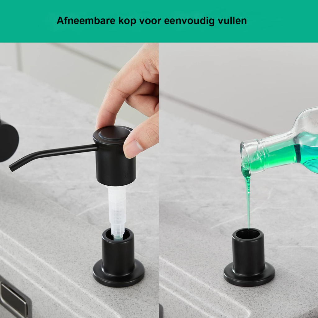 Inbouw zeepdispenser keuken mat zwart 500ml vaatwasmiddel pomp met 1m verlengslang bovenaf bijvullen en wastafel gebruik