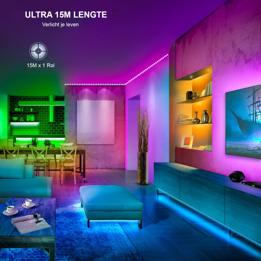 LED strip 15 meter RGB met Bluetooth en afstandsbediening - muziek sync lichtstrip met app bediening - kast en huisdecoratie verlichting - energiezuinig A klasse