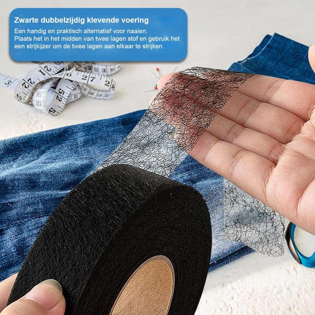 Strijkband 64m x 4cm zwarte naadband voor kleding en gordijnen wasbare zoomtape voor strijken en reparatie