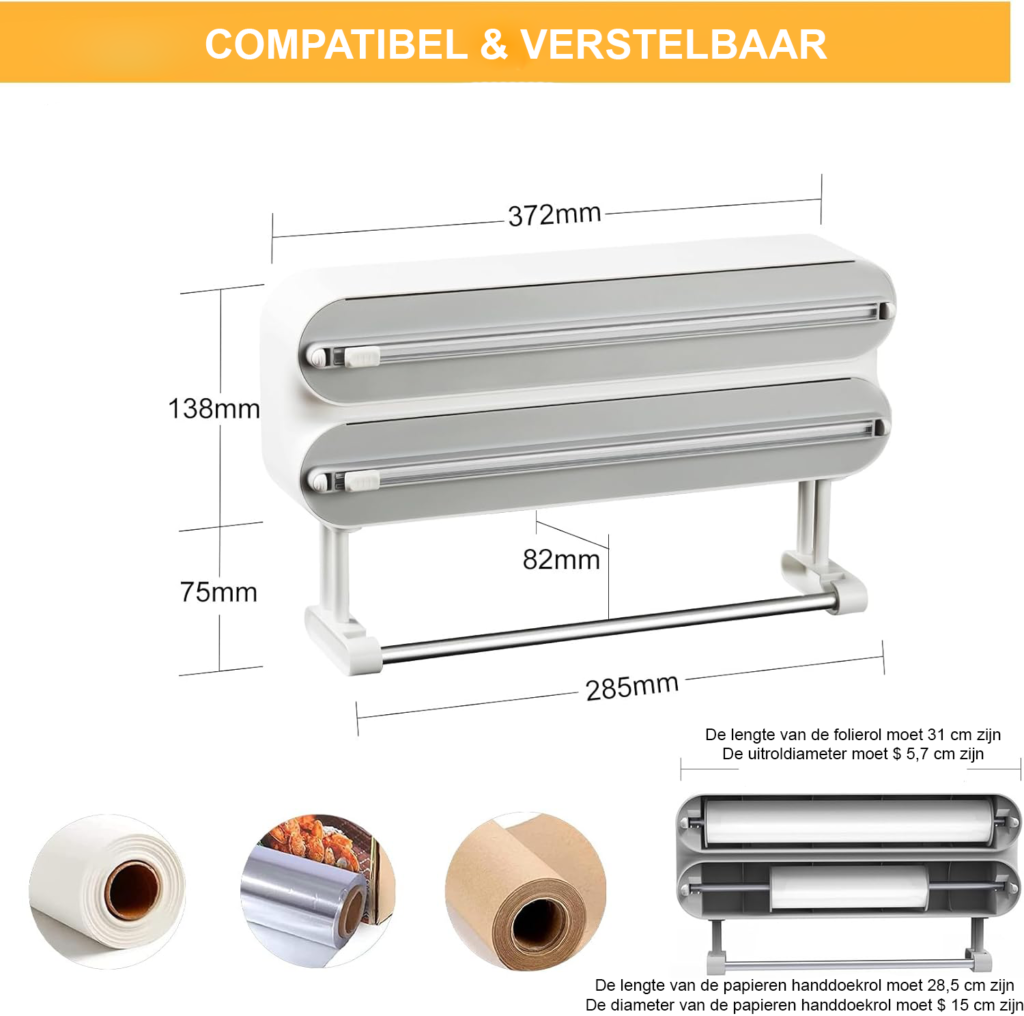 **Keukenrolhouder 3-in-1** * ABS materiaal * 3-in-1 functie * Muurmontage ontwerp
