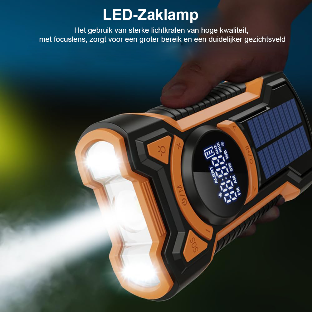 Opwindbare noodradio met Bluetooth speaker 5000mAh – handcrank, zonnepaneel, powerbank – AM/FM radio, SOS alarm, zaklamp voor binnen en buiten