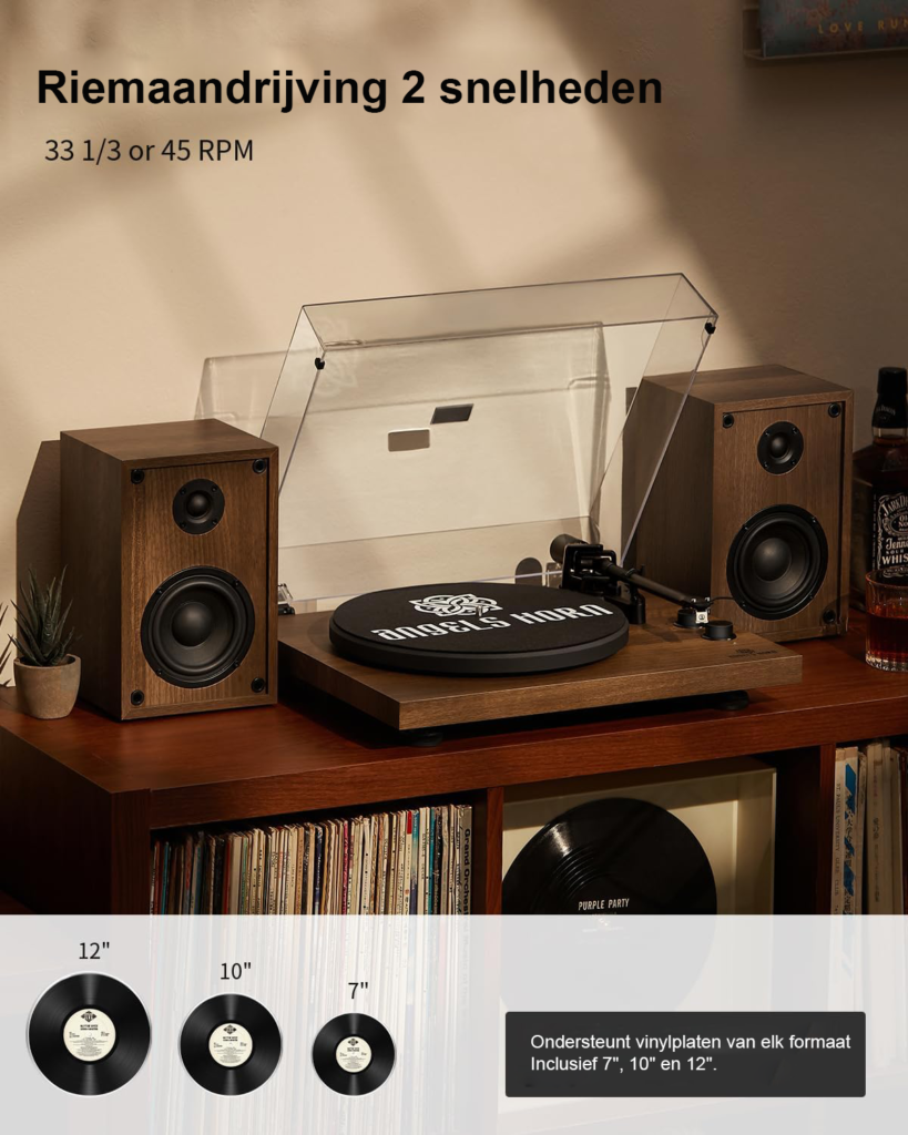 Vintage platenspeler met hoorn Bluetooth HiFi draaitafel externe speakers phono voorversterker 33/45 RPM riemaandrijving AT-3600L naald