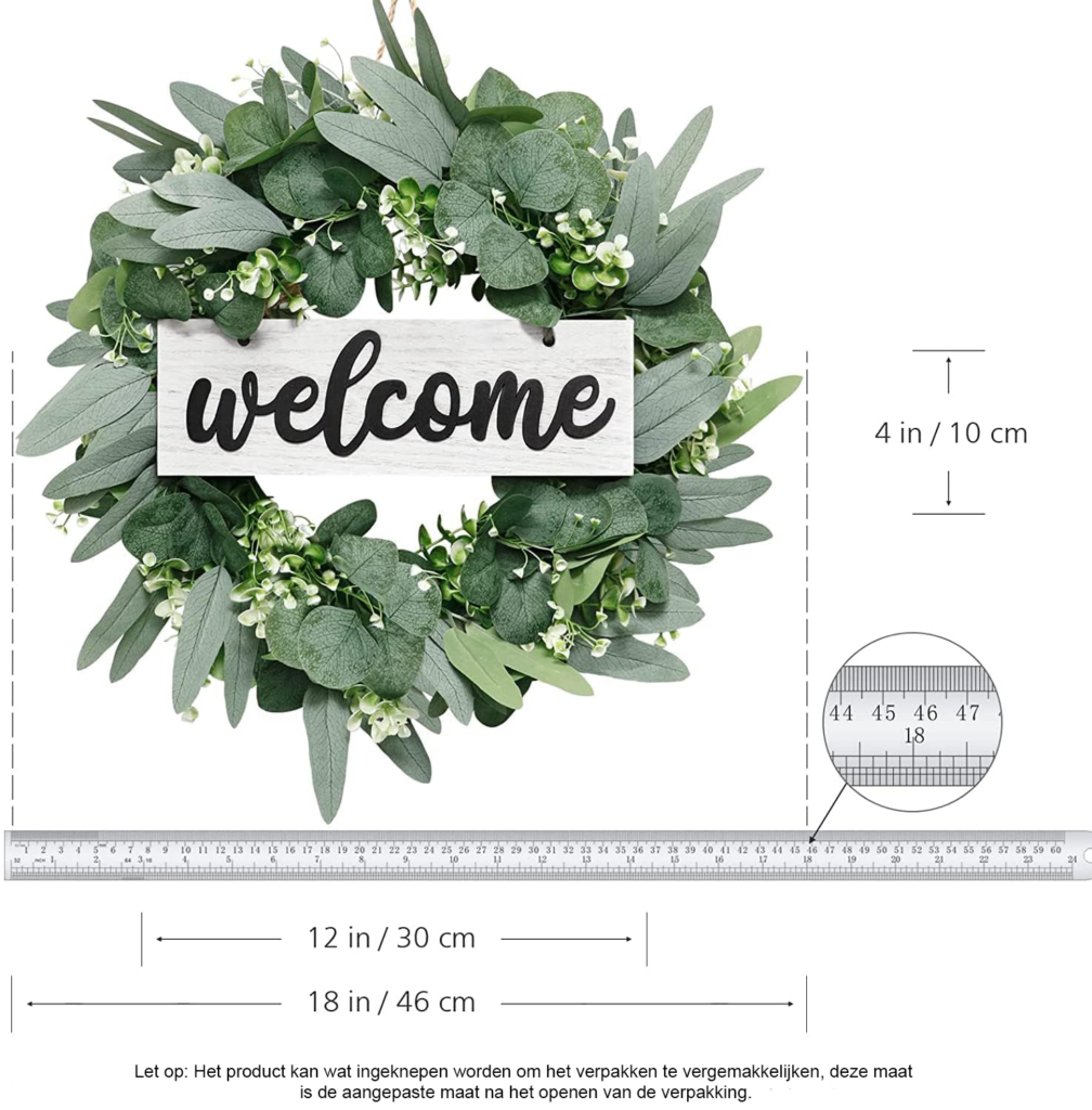 Eucalyptus krans voordeur - kunstkrans met welkom bord - wanddecoratie deurkrans groen - 46 cm lente en zomer decoratie