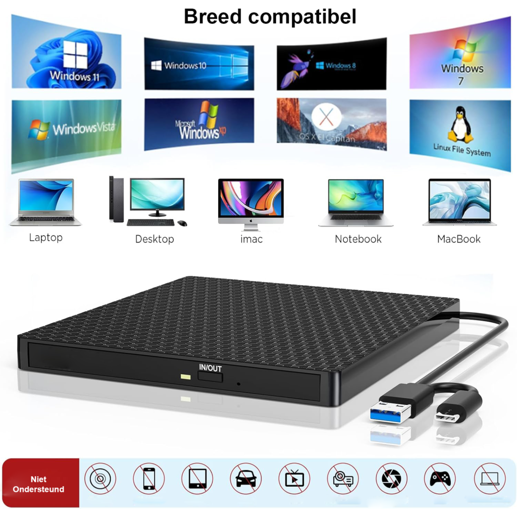Externe DVD/CD drive USB 3.0 & USB-C - draagbare DVD brander en lezer voor laptop en pc, plug & play compatibel met Windows en Mac OS