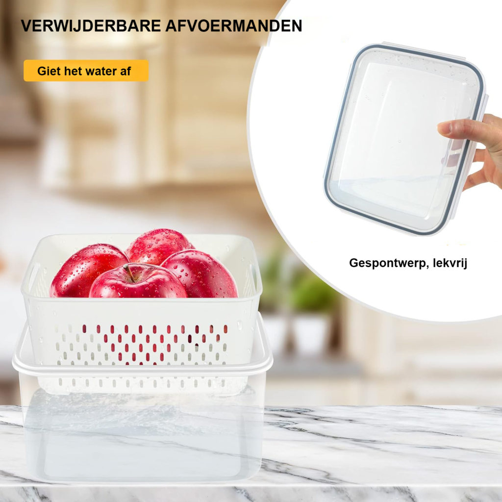 Fruitbewaarcontainer set koelkast 4 stuks stapelbare groente en fruit opbergbox met zeef kunststof keuken organizer