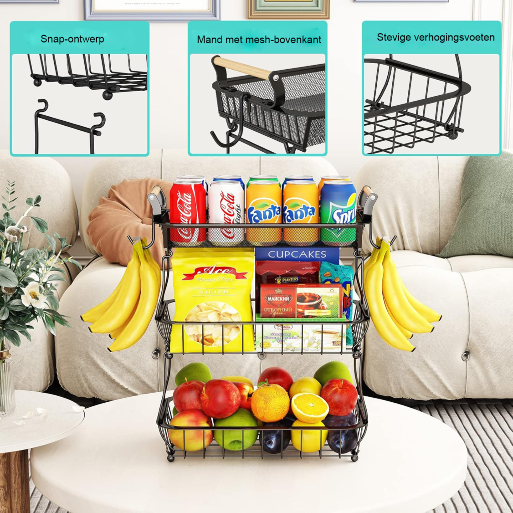 3-laags fruitmand met bananenhouder zwart metalen keukenrek voor fruit groente en snacks