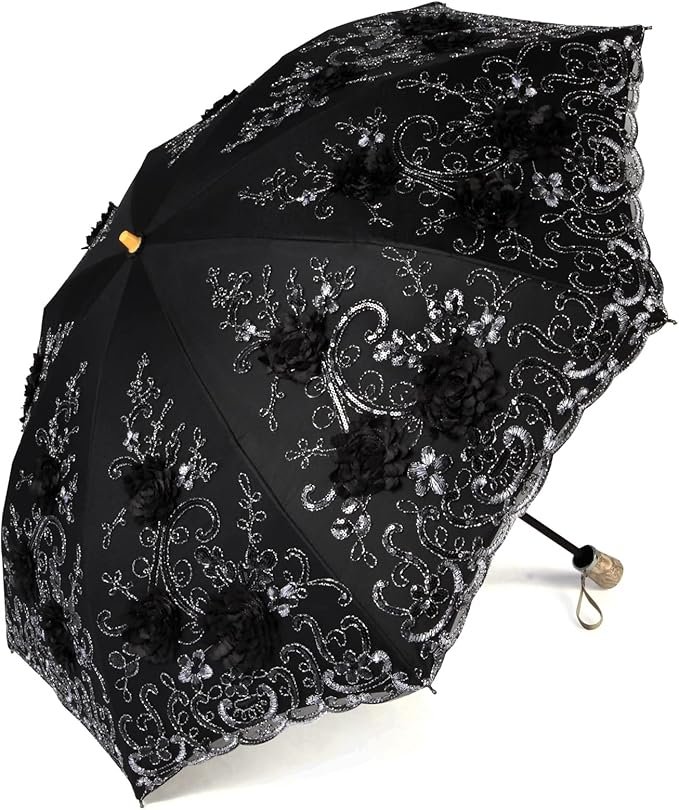 Dames parasol met kant en borduursel, UPF50 anti-UV, opvouwbaar 85 cm, stalen frame, windbestendig