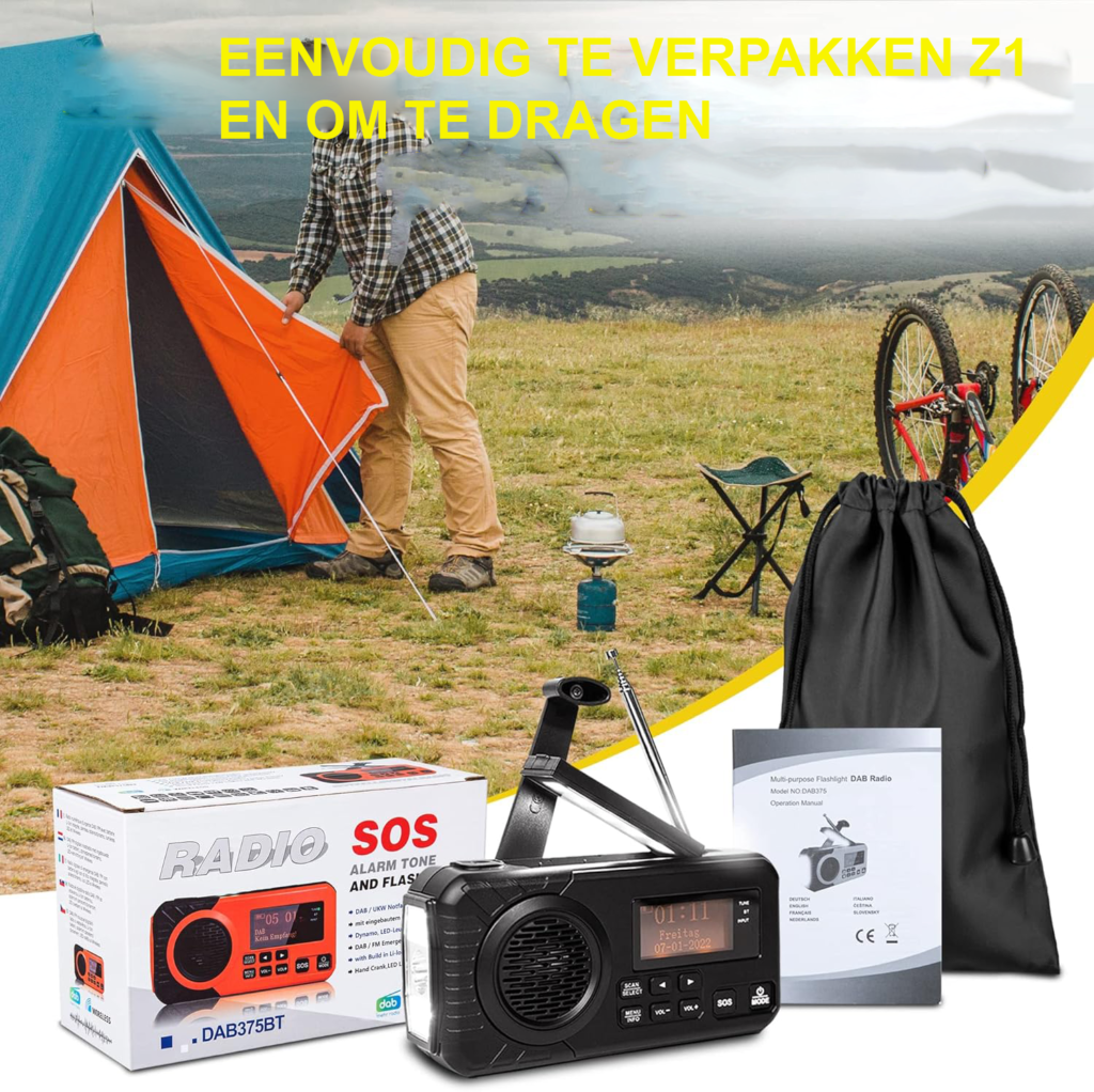 Zonne-energie noodradio DAB+ AM/FM met opwindbare dynamo, zaklamp, SOS alarm en powerbank voor camping en noodsituaties, draagbare oplaadbare weerradio