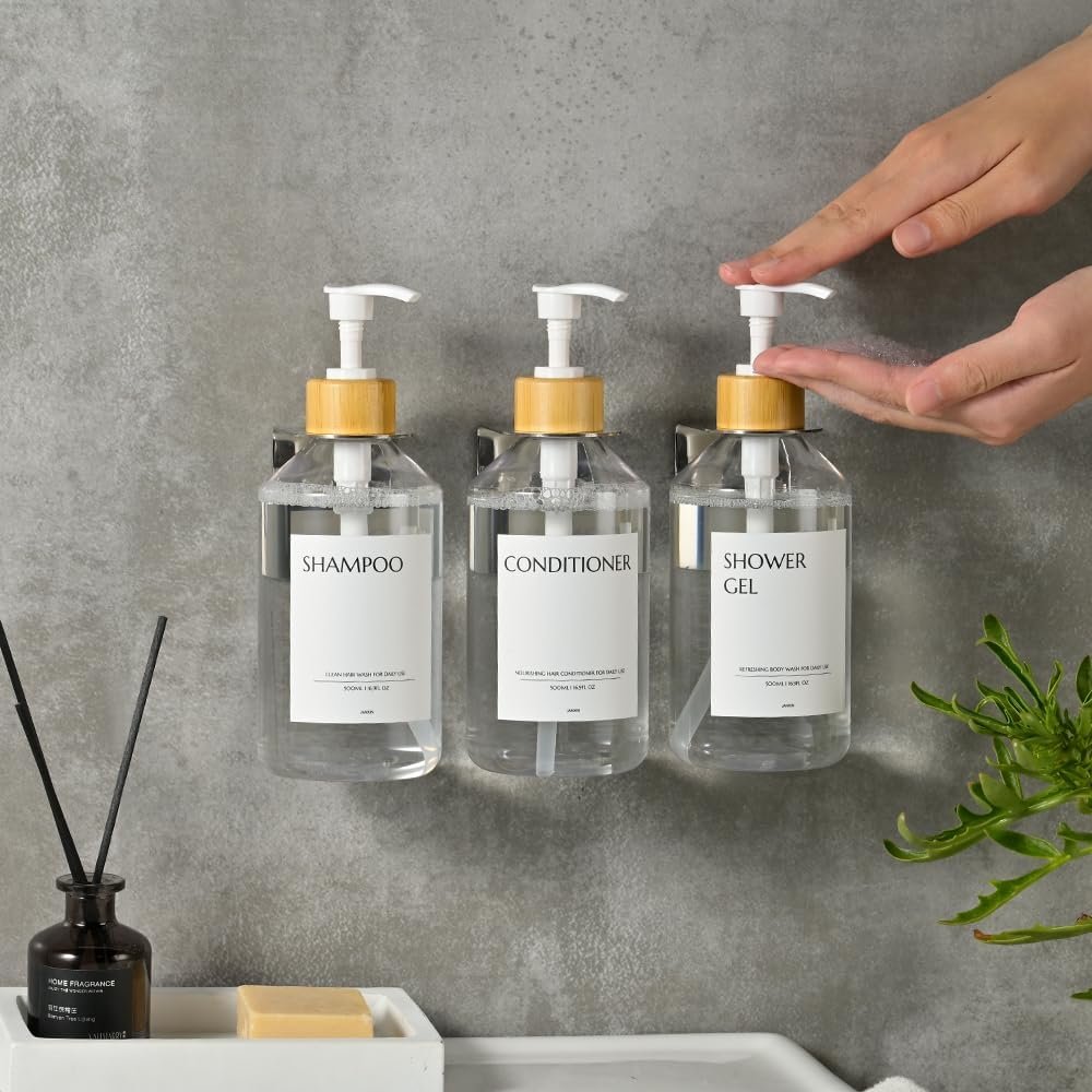 Zeepdispenser set van 3 met wandmontage zonder boren, 500 ml transparante flessen en witte bamboe houders voor keuken en badkamer.