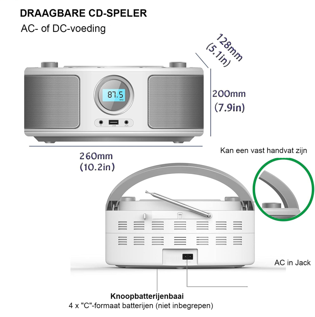 draagbare cd speler boombox mp3 usb fm radio compact stereo systeem aux hoofdtelefoon aansluiting portable muziekspeler