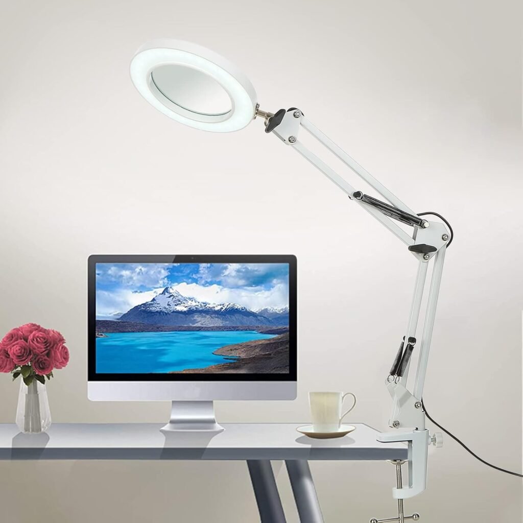 vergrootlamp bureau 8x 105mm glaslens 3 lichtkleuren dimbaar met klem draaibare arm leeslamp werkverlichting