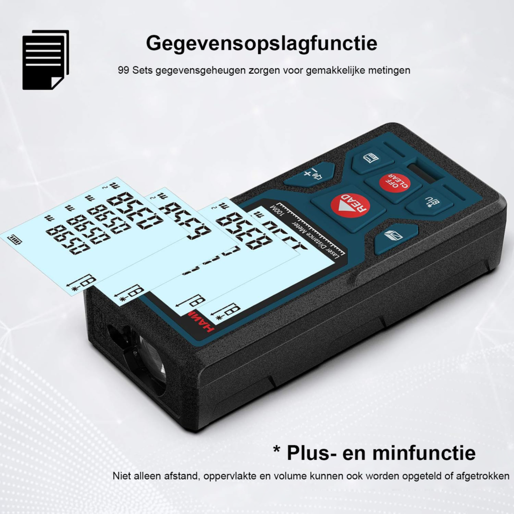 Laserafstandsmeter Digitaal 100 Meter - Afstandsmeter met LCD Achtergrondverlichting - Oppervlakte- en Volumemeting met Pythagoras Functie - Precisie Meetgereedschap