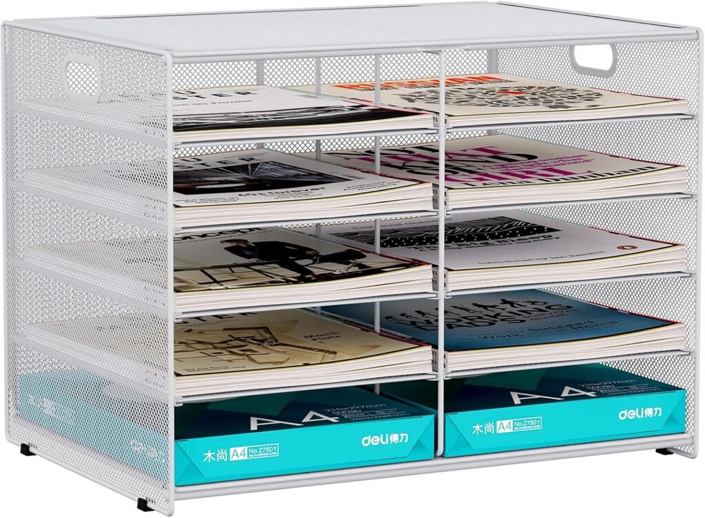 Metalen bureau organizer met 10 opbergvakken - A4 documenten- en brievenhouder - Tijdschriften- en papierhouder bureau accessoire - Wit