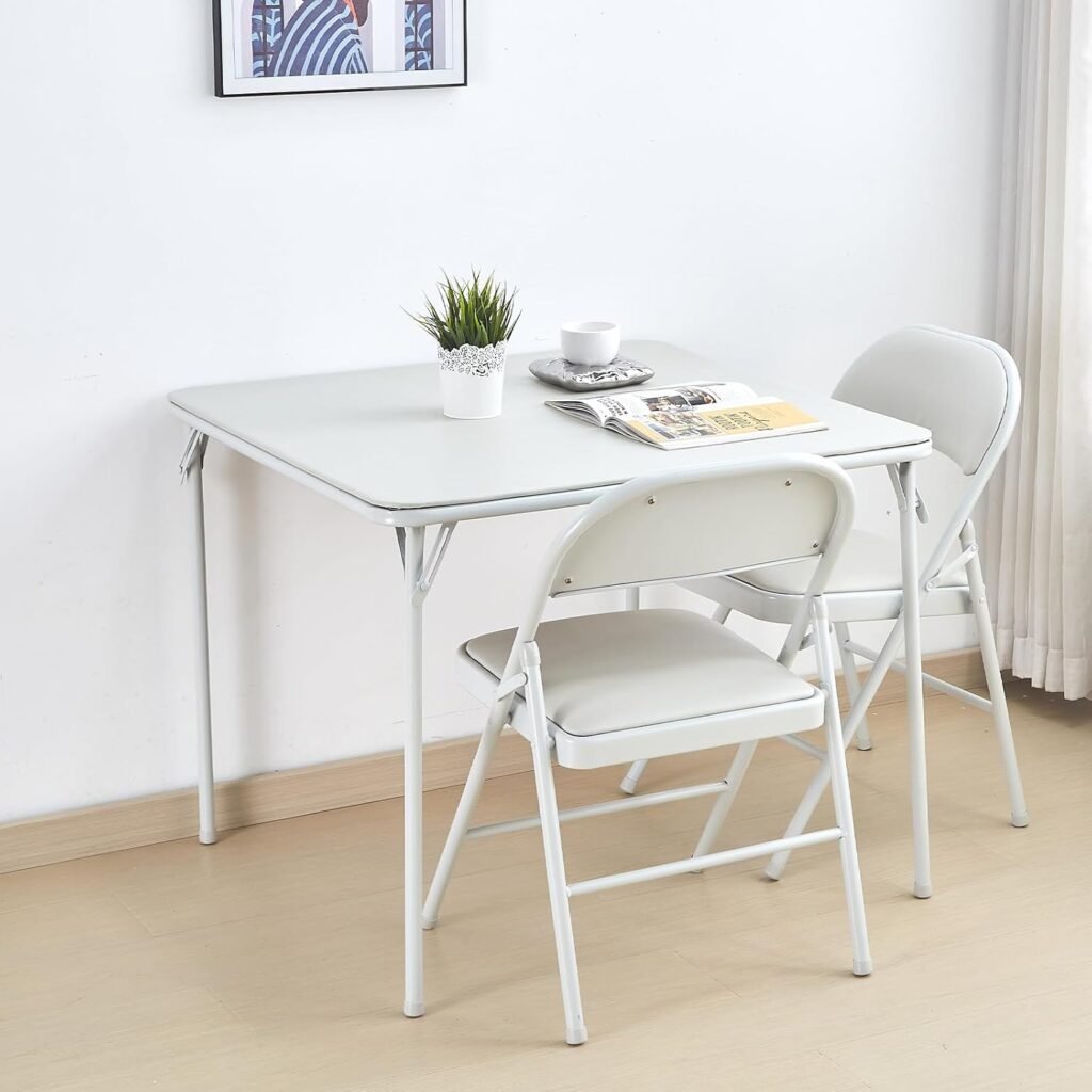 Vouwbare witte tafel 85 cm vierkant met vinyl blad en inklapbare poten draagbare eetkamertafel voor binnen en buiten gebruik