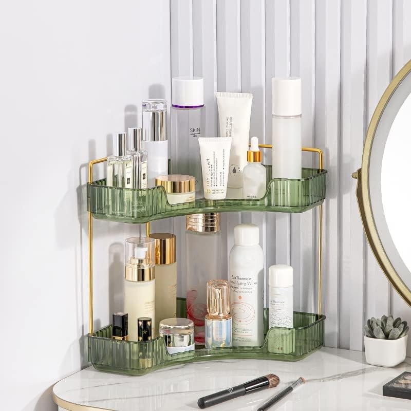 Hoekvormige badkamer organizer groen - make-up en skincare opbergrek met 2 lagen voor cosmetica en parfum