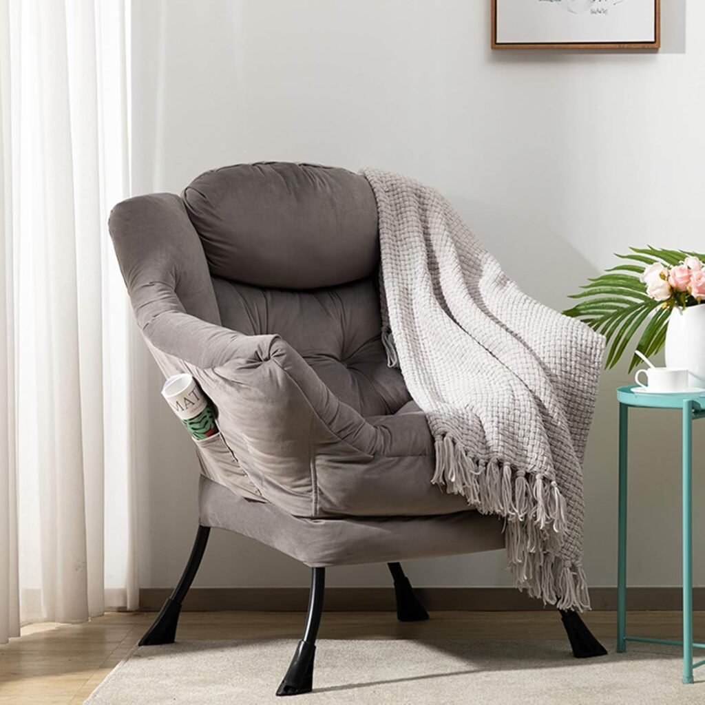 relaxfauteuil velvet donkergrijs woonkamerstoel met armleuningen loungestoel leesstoel stalen frame accentstoel slaapkamer stoel
