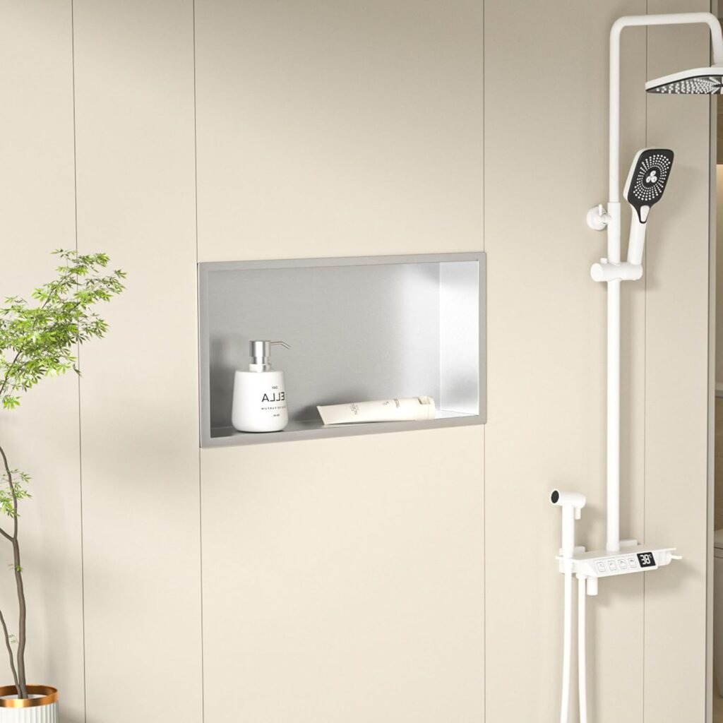 compact SEO geoptimaliseerd roestvrijstalen douche nis opbergvak 60x30x10 cm wand inbouw badkamer geborsteld RVS zonder tegels installatie boven muur