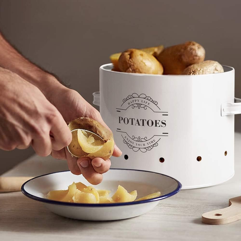 Set van 3 witte emaille voorraadpotten voor uien knoflook en aardappelen met ventilatiegaten keuken opbergmanden