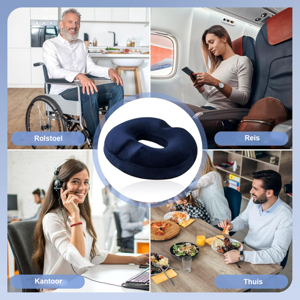 Orthopedisch donut zitkussen traagschuim drukverlichtend ringkussen stuitpijn aambeien stoel auto kantoor rolstoel comfort ondersteuning ergonomisch zitcomfort