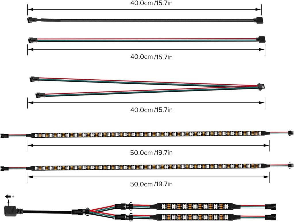 RGB LED verlichtingsstrip set voor gaming pc, 4 adresseerbare ARGB strips van 19 inch, compatibel met 5V 3-pins RGB headers, Aura Sync en RGB Fusion ondersteuning voor pc modding en computerverlichting