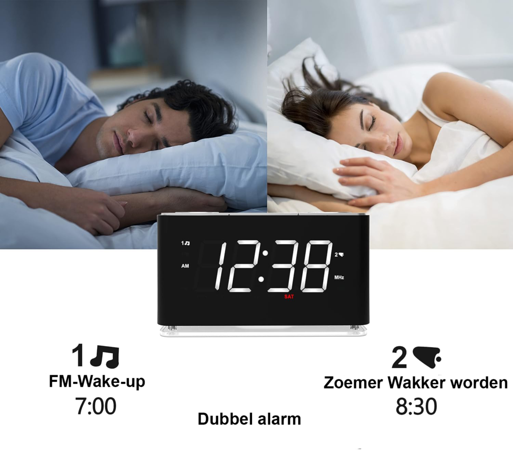 Wekkerradio met digitaal display, dimmerbediening, slaap- en radiotimer en back-up batterij in compact formaat voor nachtkastje.
