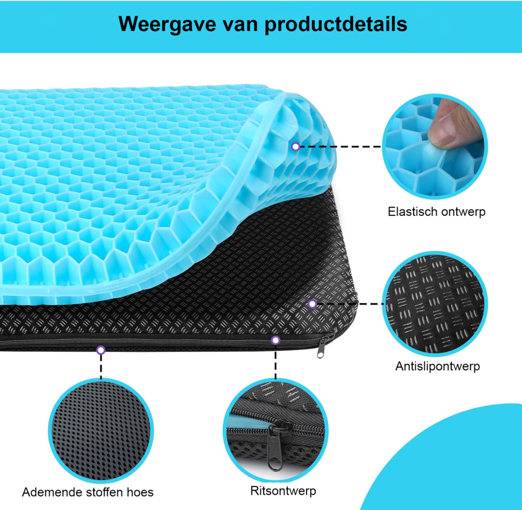 Gel zitkussen dubbel laags met antislip ademend bureaustoel kussen voor ergonomisch zitcomfort 43x39x4 cm azuurblauw