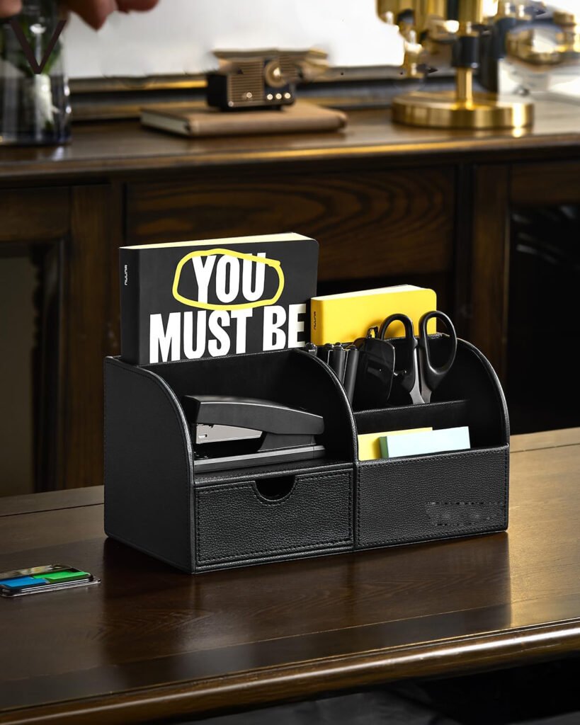 bureau-organizer-met-lade-lederen-desk-organizer-multifunctionele-pennenbak-opberghouder-kantoorbenodigdheden-zwart-remote-controlhouder