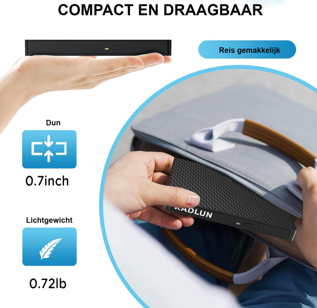 Externe DVD/CD drive USB 3.0 & USB-C - draagbare DVD brander en lezer voor laptop en pc, plug & play compatibel met Windows en Mac OS