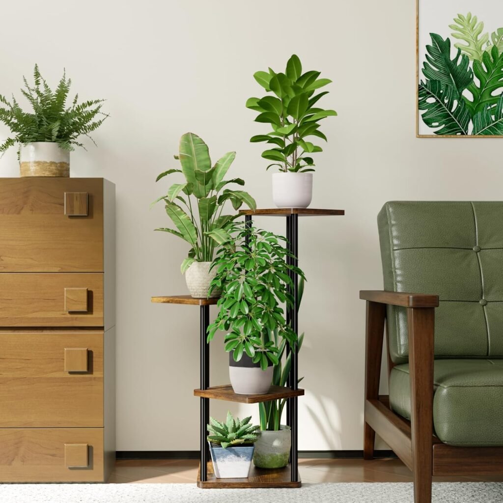 Plantenrek 4 niveaus van zwart metaal met houten planken, hoekmodel voor kamerplanten geschikt voor binnen en buiten zoals balkon, tuin en woonkamer