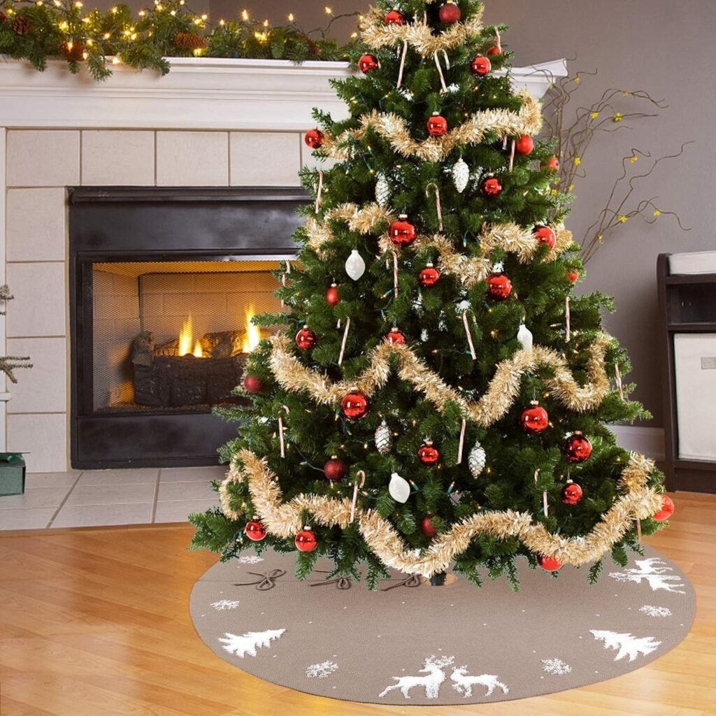 kerstboom rok 36 inch beige gebreide kerstboom skirt met 3d elanden en sneeuwvlokken patroon kerstboom basis bedekking feestdecoratie