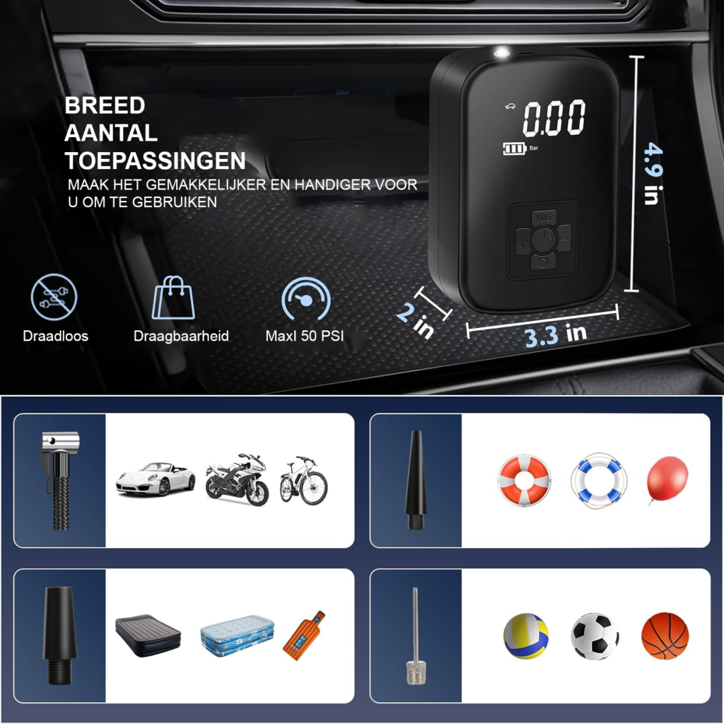 Elektrische fietspomp 150 PSI draagbare luchtcompressor met digitale manometer voor auto en fiets oplaadbaar met opzetstukken