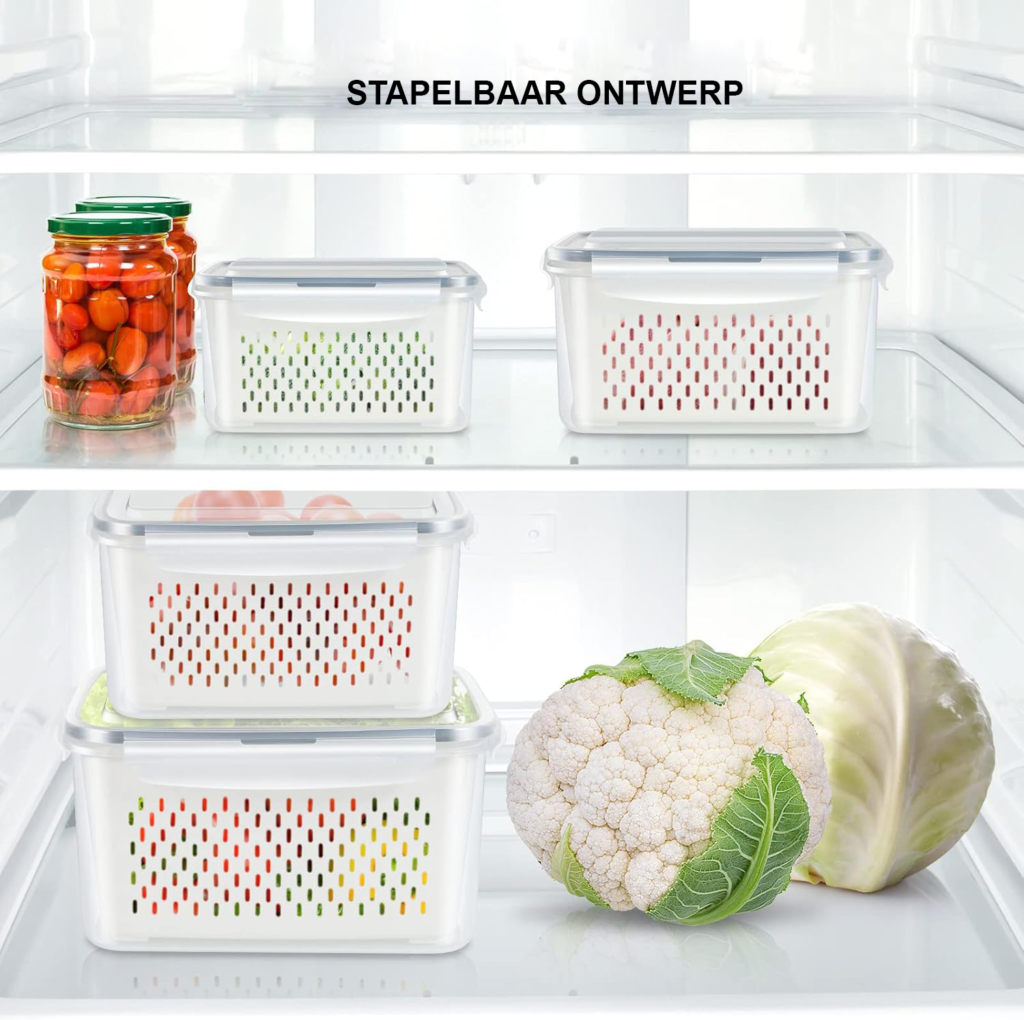 Fruitbewaarcontainer set koelkast 4 stuks stapelbare groente en fruit opbergbox met zeef kunststof keuken organizer