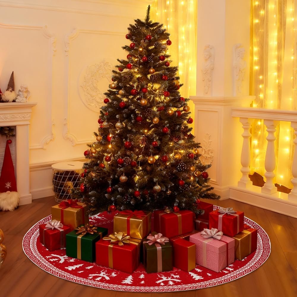 Kerstboomdeken groot 120cm rond geweven kerstboomrok rood kerstboomdecoratie voor feestelijke kerstboom versiering thuis