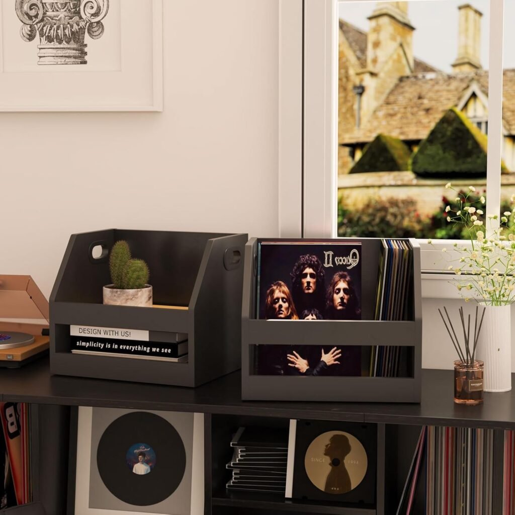 Houten vinyl platen opbergbox met handvat – LP organizer voor albums, boeken en foto’s – trapezium design zwart 38 x 29 x 29 cm