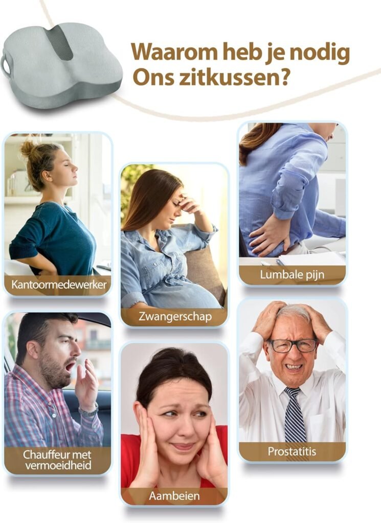 Ergonomisch zitkussen memory foam met coccyx ondersteuning voor bureaustoel auto en rolstoel grijs orthopedisch drukverlagend zitkussen