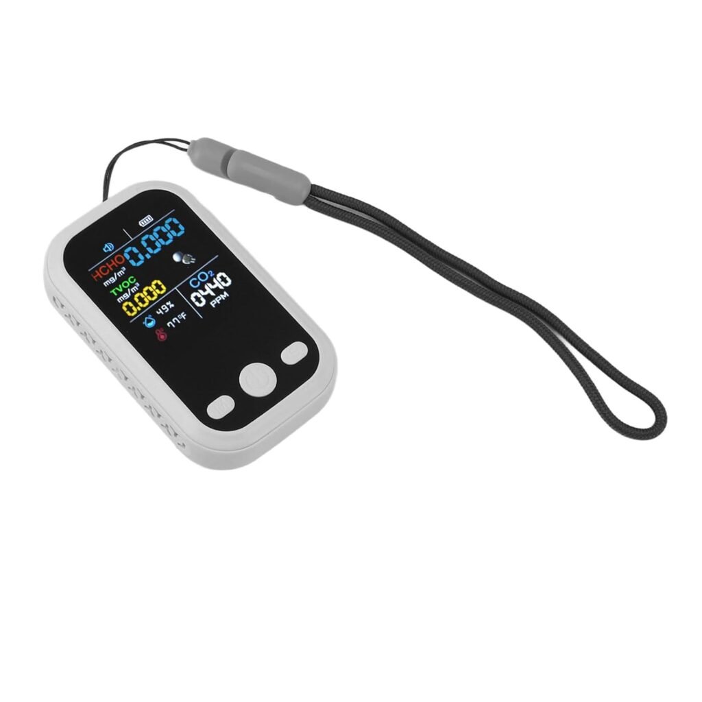 5-in-1 luchtkwaliteitsmeter wit met CO2 sensor, temperatuur- en vochtigheidsmeter voor thuis, kantoor en auto, draagbare luchtmonitor