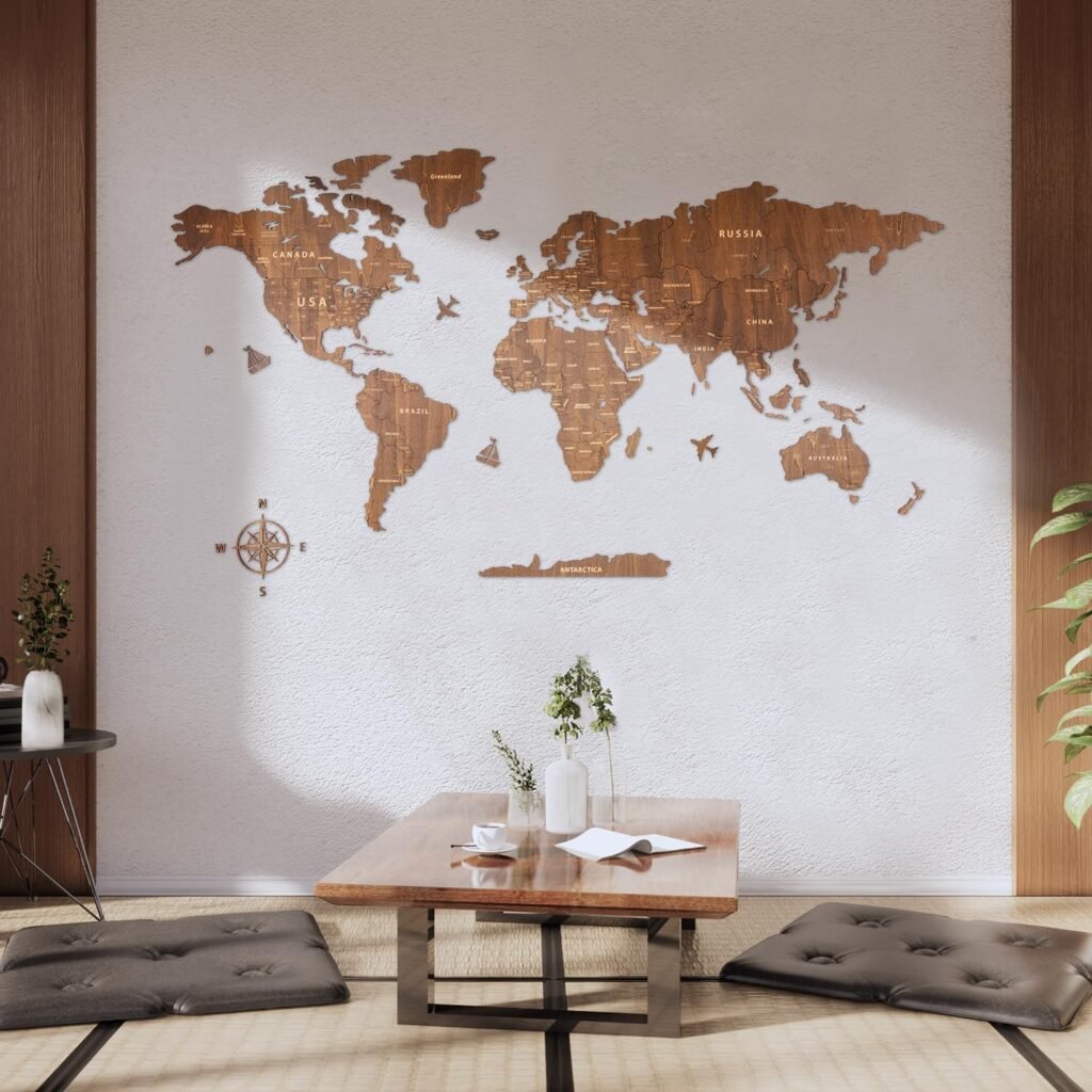 Houten wereldkaart wanddecoratie van notenhout 150x85 cm voor muurdecoratie in woonkamer of kantoor