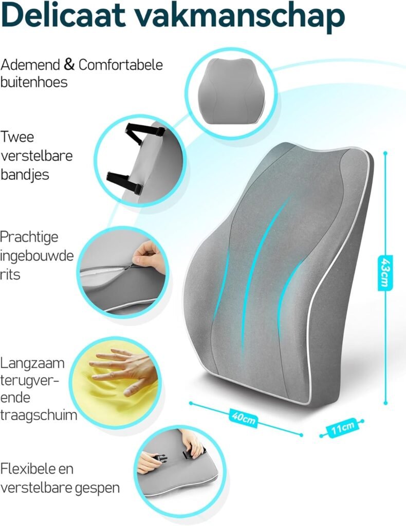 ergonomisch traagschuim rugkussen met lendesteun voor bureaustoel auto en gaming stoel grijs