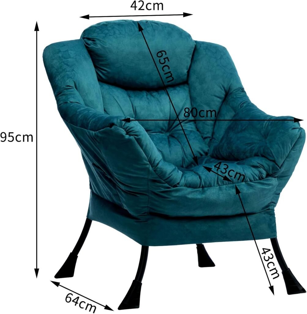 Relaxfauteuil met armleuningen in blauwgroene kleur voor woonkamer, slaapkamer of kantoor met stalen frame en comfortabele zitting