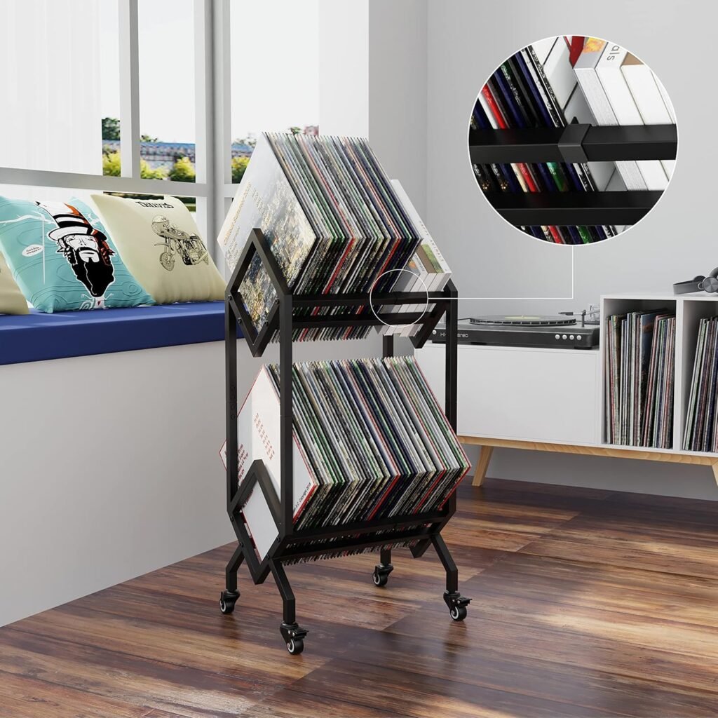 LP platenrek met wieltjes verplaatsbare vinyl opslag, mobiele LP display stand en organizer voor platen en kantoorbestanden