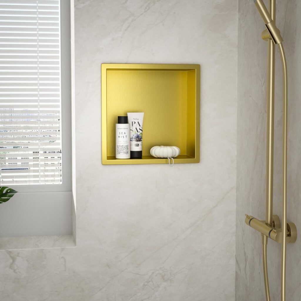 Wandnis douche nis van roestvrij staal met gouden afwerking voor badkameropslag en inbouwnis in douche met afmeting 30x30x10 cm