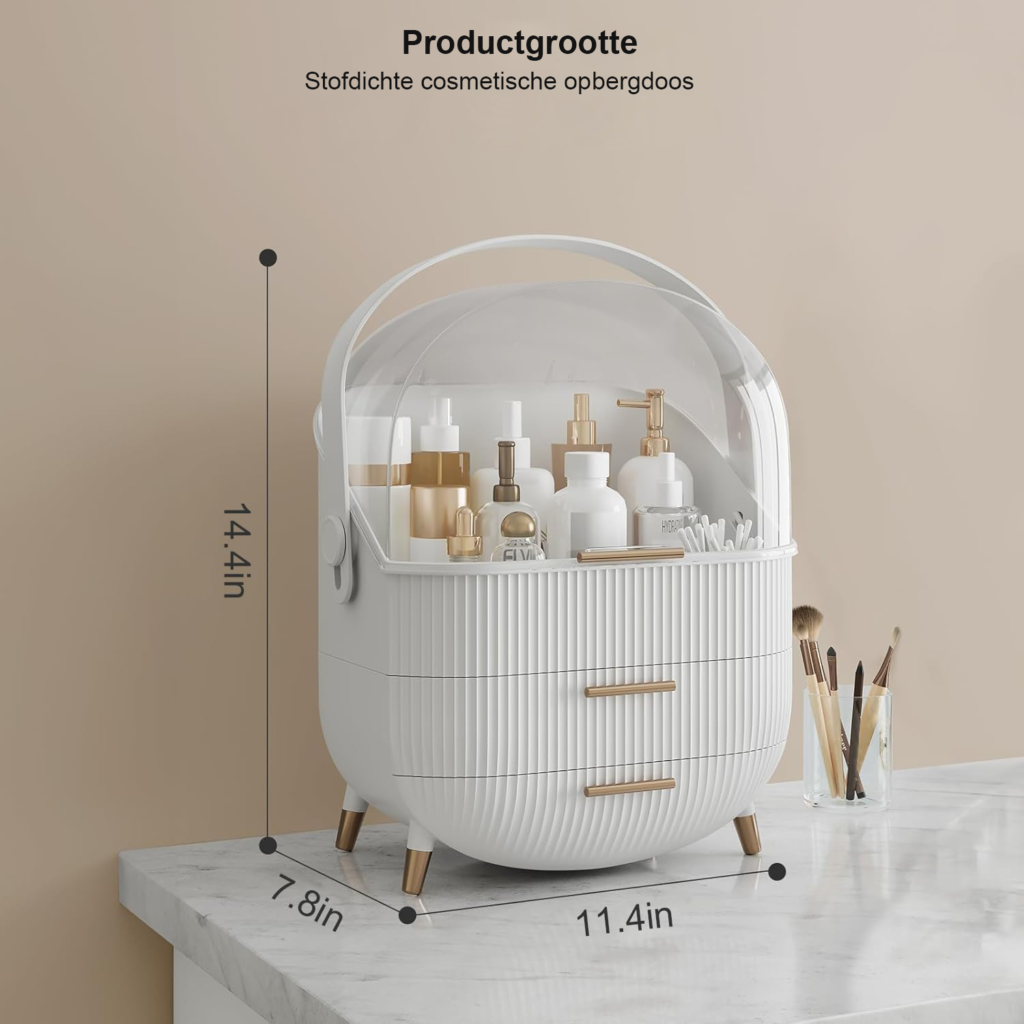 Make-up organizer opbergdoos met transparante deksel en waterdichte stoffen cosmetica opbergbox voor badkamer kaptafel en slaapkamer in wit