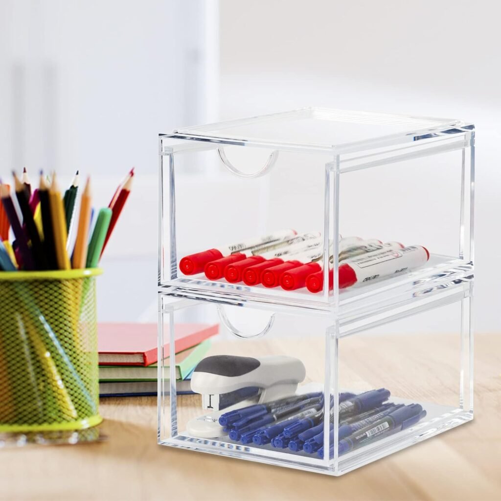 Stapelbare transparante acryl make-up organizer 2-pack opbergdozen voor badkamer, slaapkamer en keuken als lade en dressoir opbergsysteem