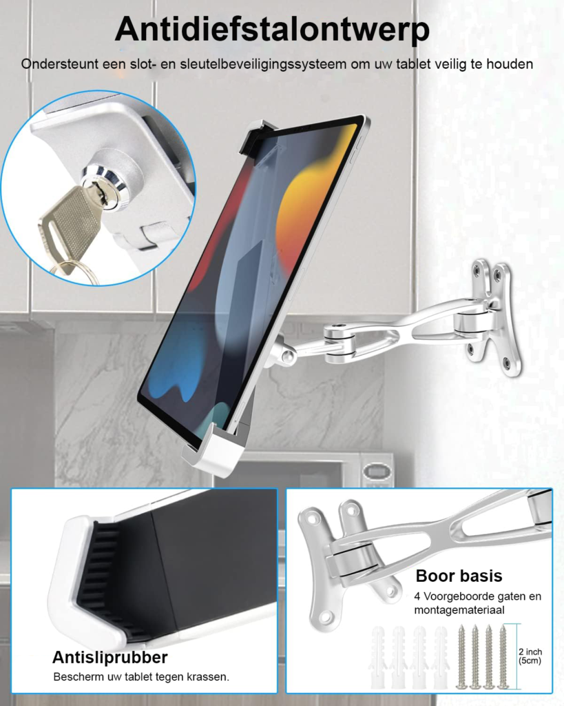 Aluminium tablet muurbeugel met 360 graden draaibare wandhouder en anti-diefstal slot voor 9-14 inch tablets geschikt voor kiosk en POS gebruik